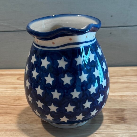 Boleslawiec Polish Pottery Pitcher Jug Blue w/ White Stars Handmade 5” Tall - Picture 2 of 6